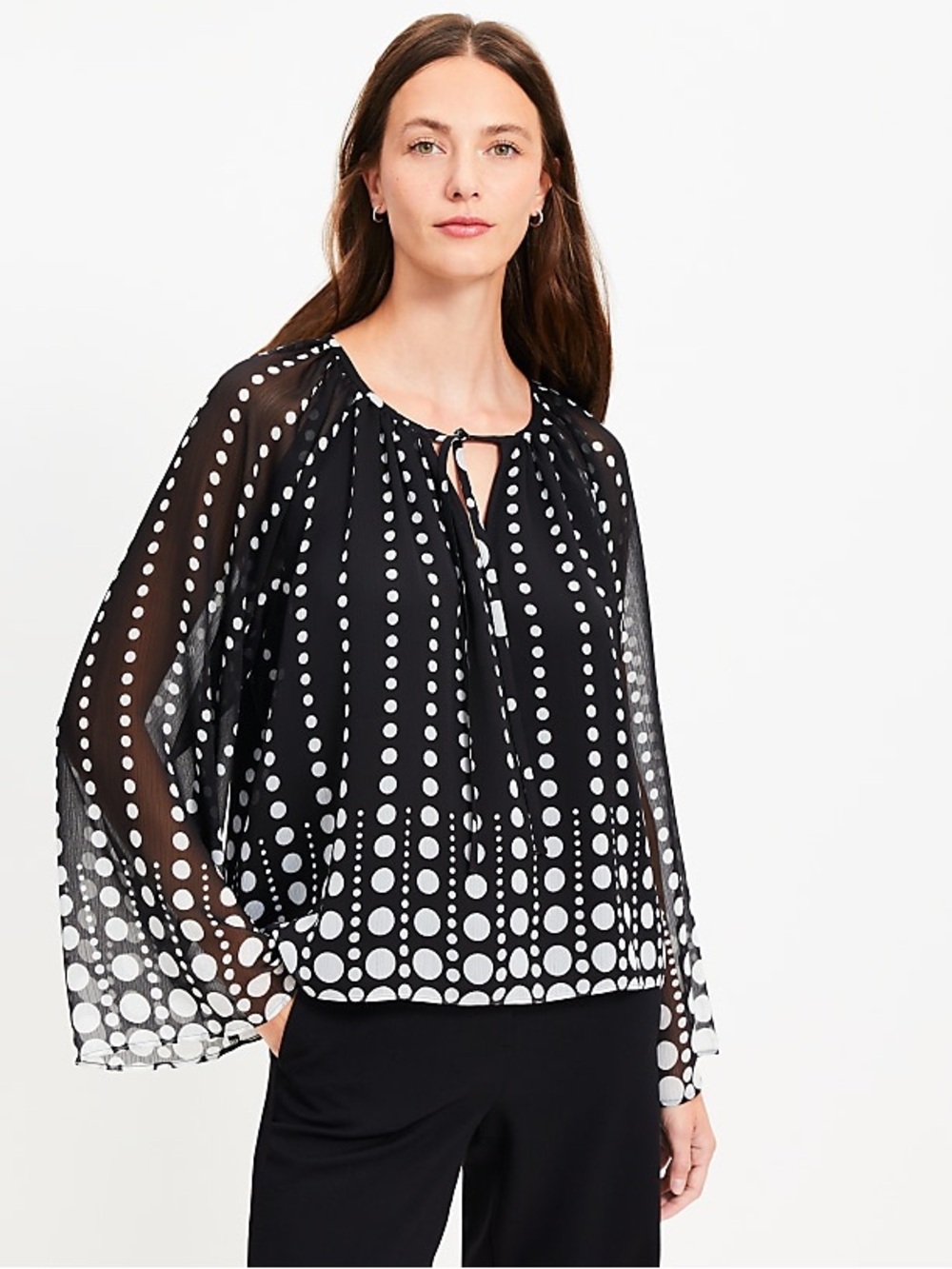 LOFT Black & White Polka Dot Tie-Neck Blouse Flair Sleeves Size Large